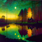 Mystical evening scene with reflective lake and luminous trees