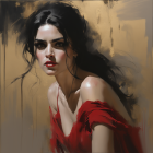 Dark-haired woman in red dress on creamy backdrop