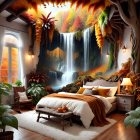 Autumn-themed bedroom with large window view of waterfall.