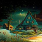 Thatched-Roof House by Lake: Nighttime Scene with Crescent Moon
