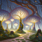 Luminescent forest with glowing orbs and stone pathway