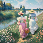 Victorian women in straw hats near river and roses village scenic view