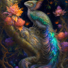 Colorful mythical creature in starry tree with orange flowers