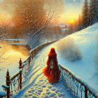 Person in red cloak on snow-covered bridge at sunset