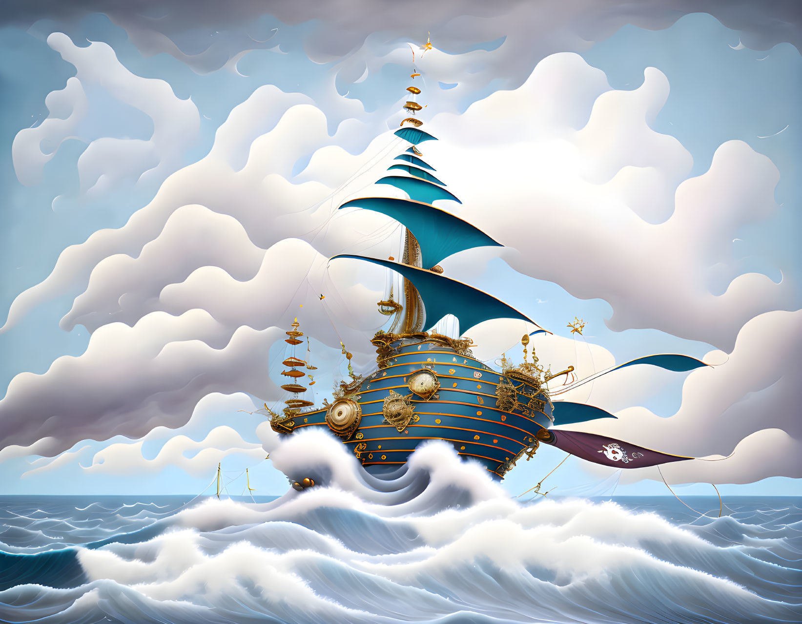 Blue-striped sail ship with ornate golden trim on choppy ocean waves under stylized clouds