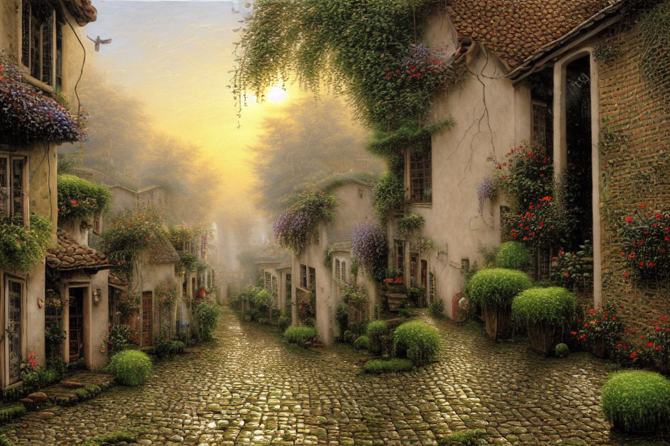 Quaint houses on cobblestone lane with lush greenery and colorful flowers at sunrise