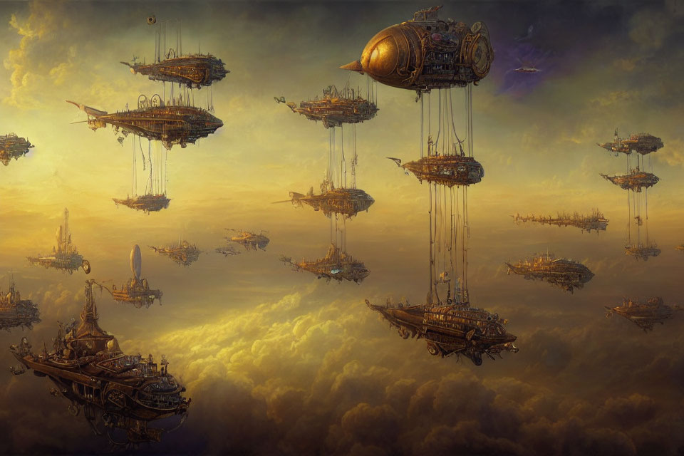 Fantastical Steampunk Airships in Golden Clouds at Dusk