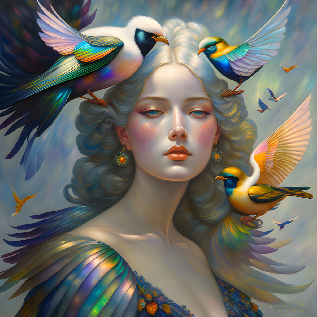 Colorful surreal portrait of a woman with bird-like features and swirling backdrop