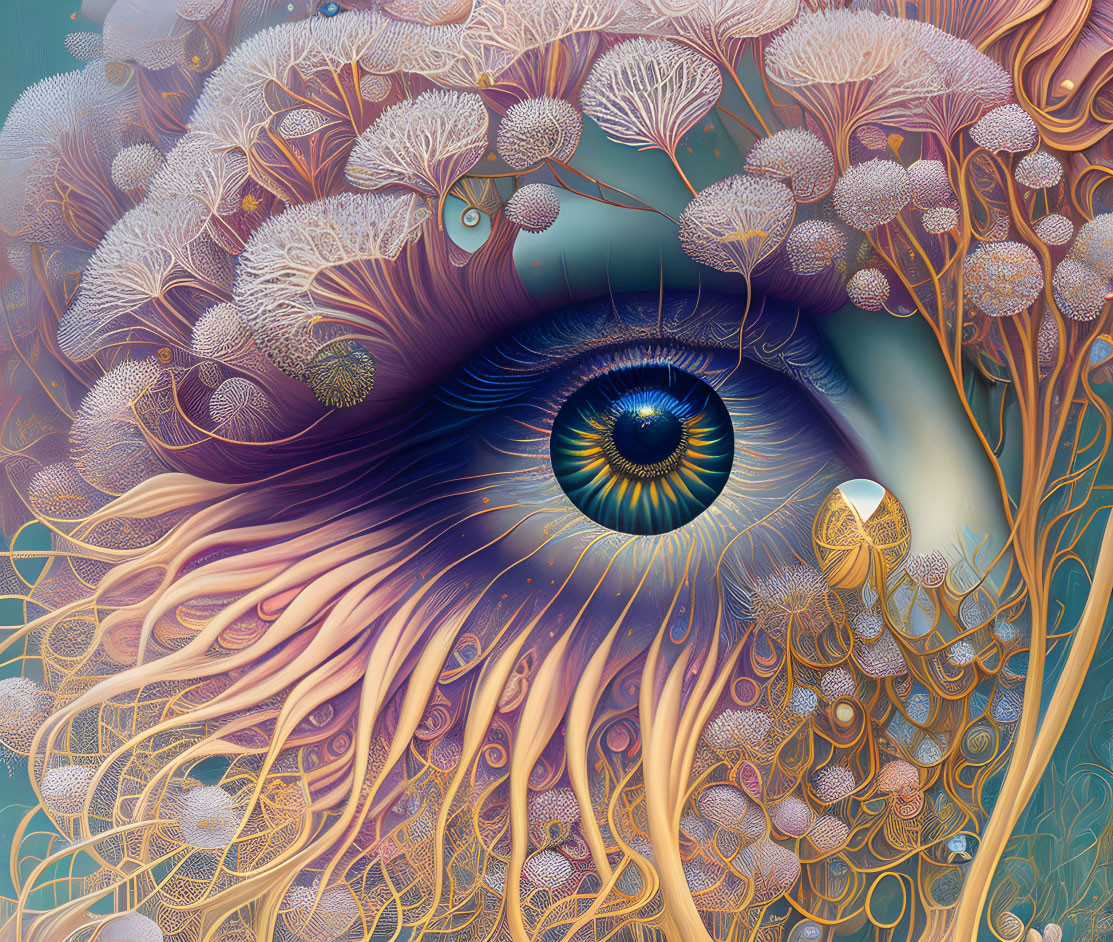 Detailed surreal illustration: Oversized eye with coral-like shapes in blue, pink, and gold.