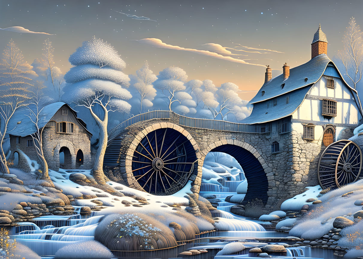 Winter watermill, stone bridge, cottages in snowy landscape.