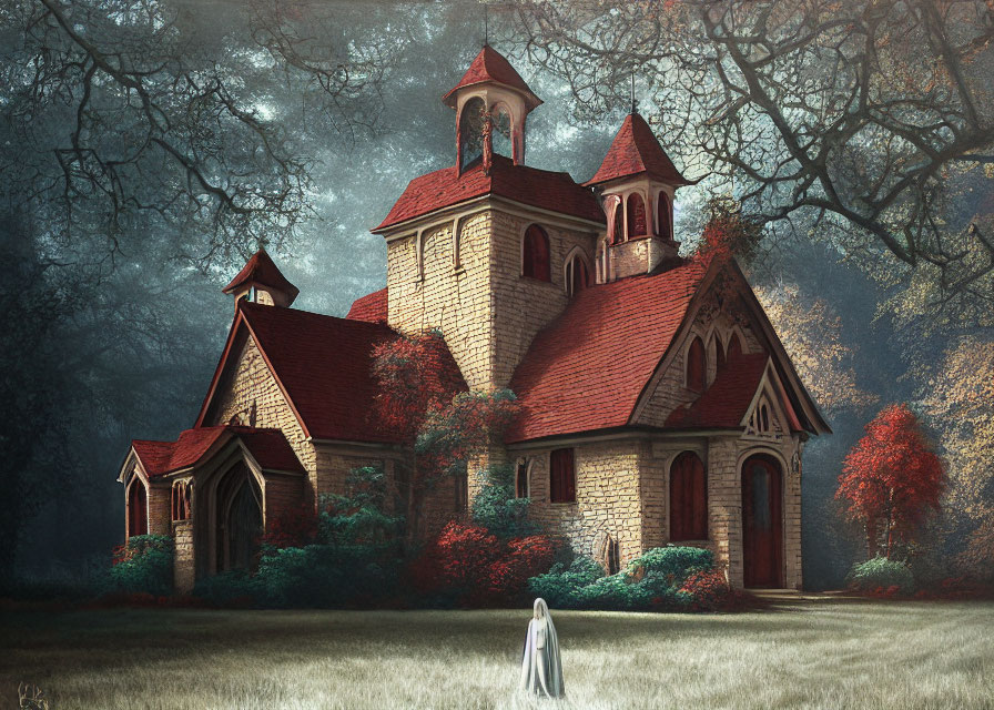 Brick church with towers in forest setting at dusk, solitary figure in white.