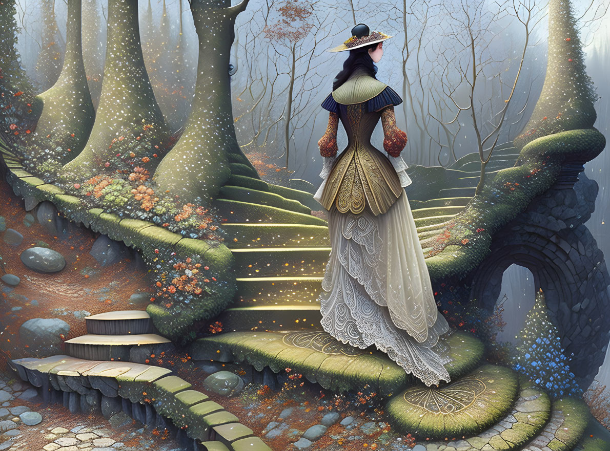 Woman in vintage dress on glowing forest stairway surrounded by mist and trees