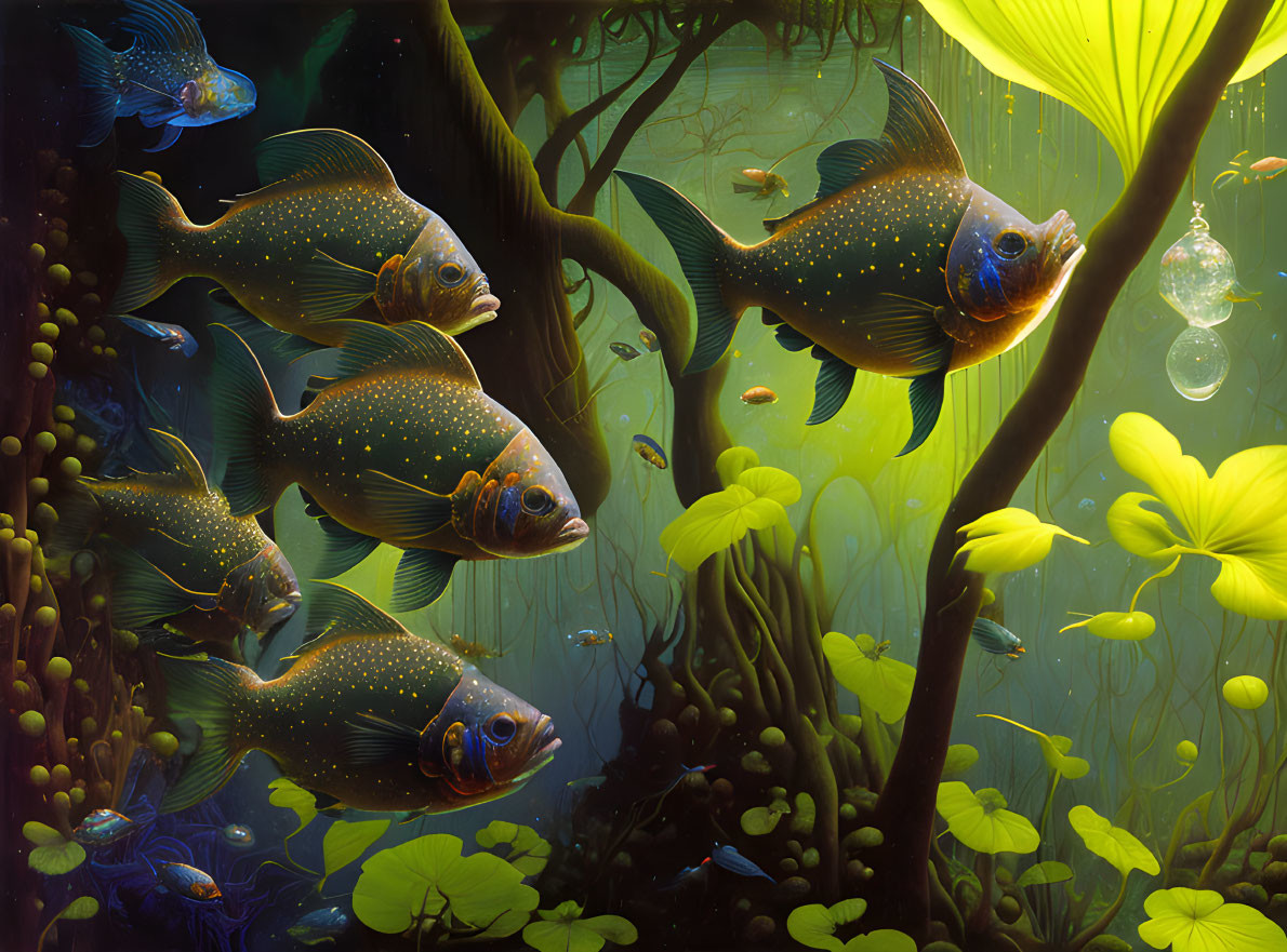 Six spotted fish in vibrant underwater scene with green plants and soft yellow light