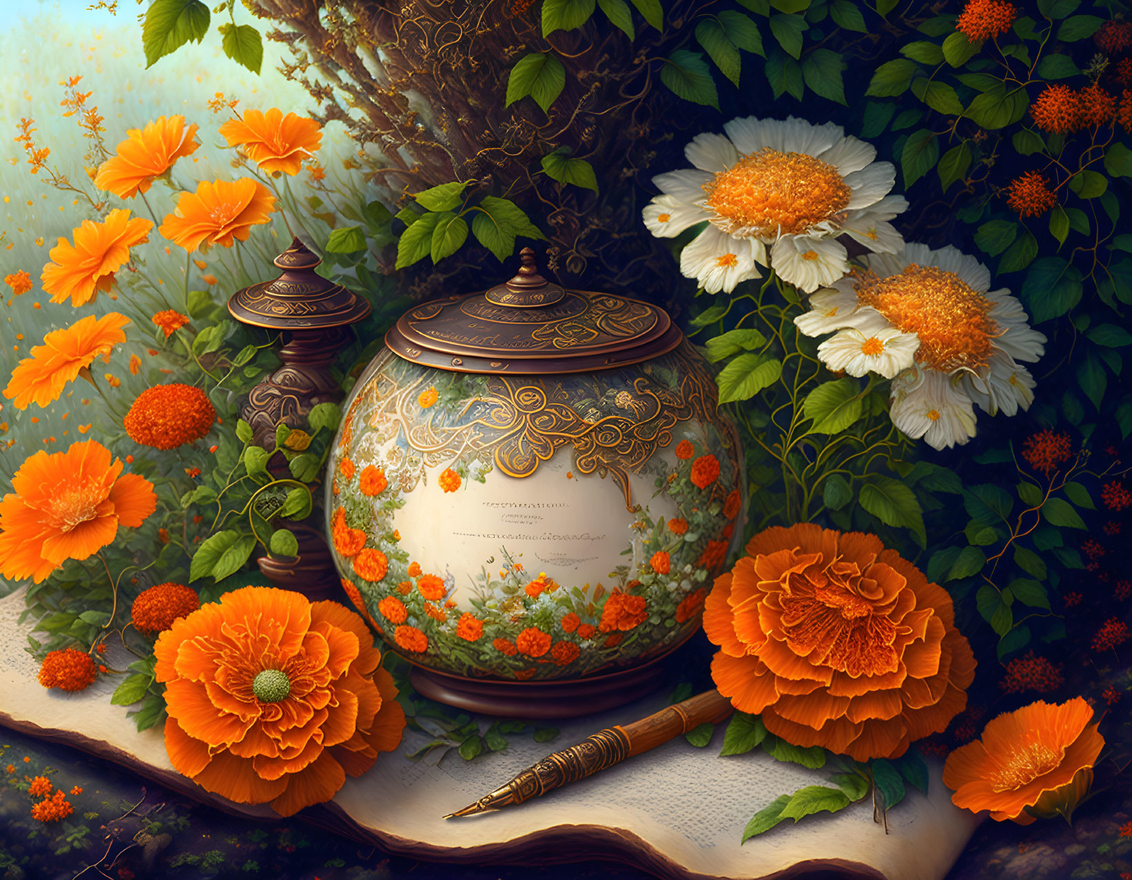 Bright orange flowers, ornate jar, antique pen, open book, lush green foliage