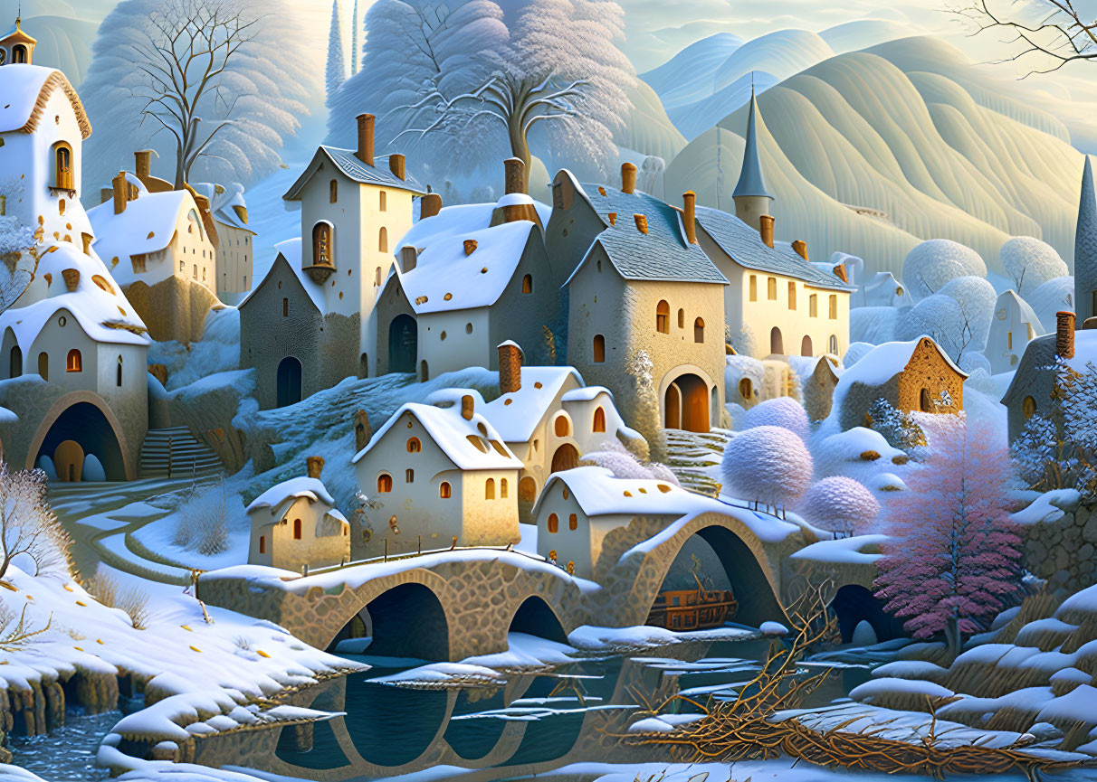 Snow-covered cottages, stone bridge, and rolling hills in a winter village