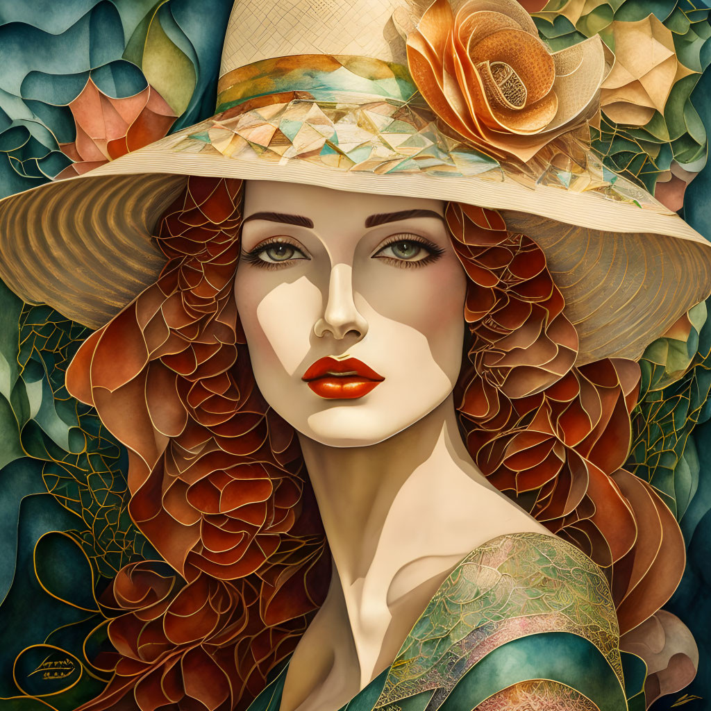 Illustrated portrait of woman with red lips and wide-brimmed hat, surrounded by stylized leaves