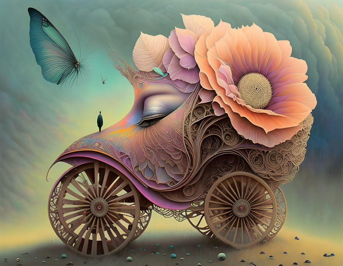 Surreal carriage with floral and face motifs under dreamy sky