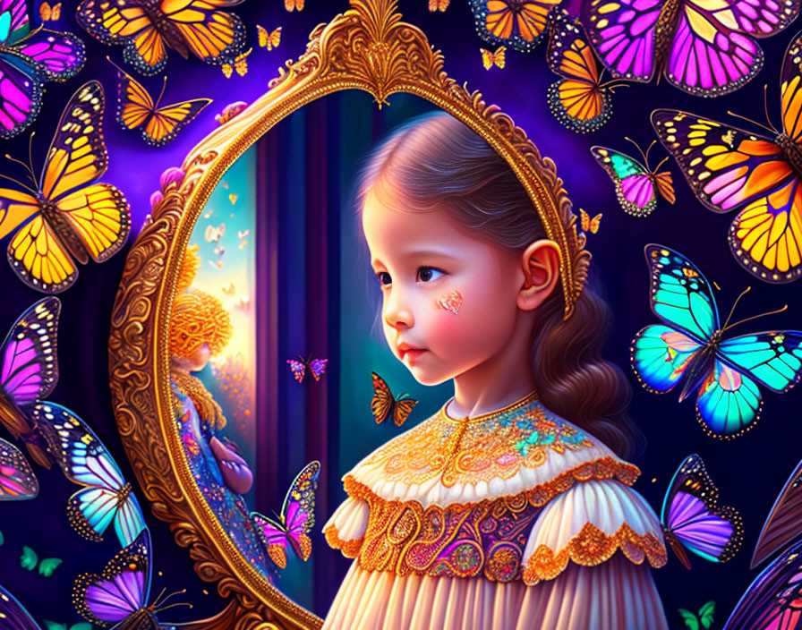 Young girl in vintage dress near ornate mirror with vibrant butterflies in magical twilight.