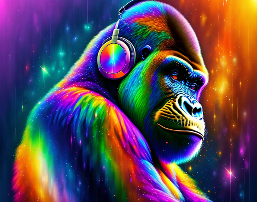 Colorful Gorilla Artwork with Rainbow Colors and Headphones