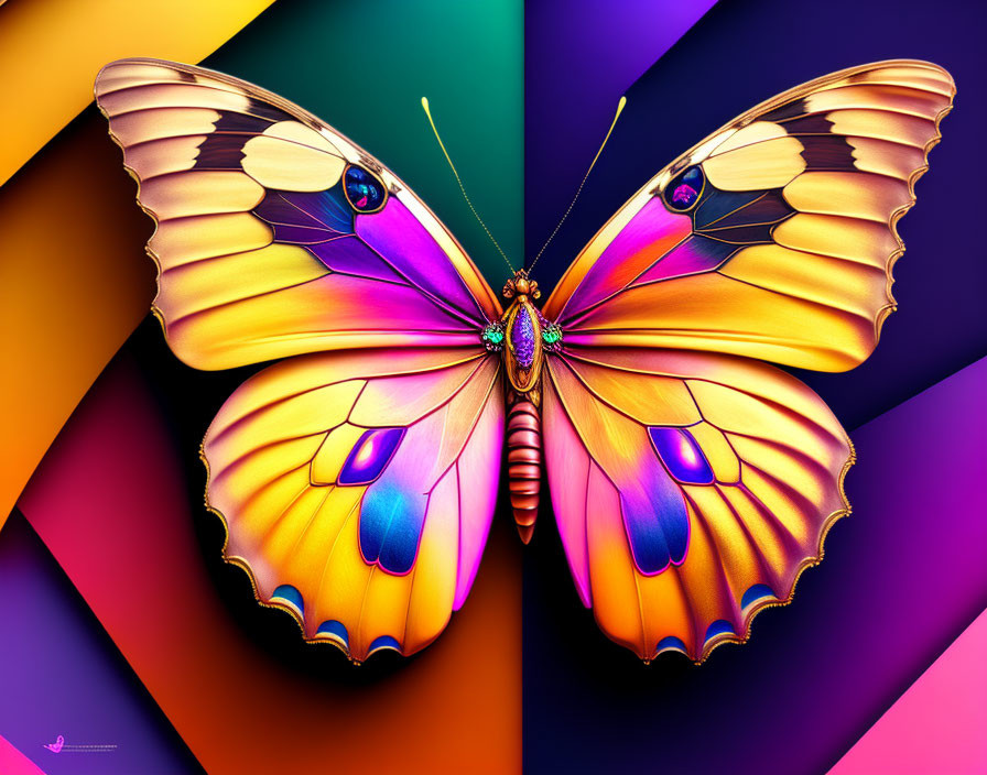 Colorful Butterfly Artwork with Orange and Purple Wings on Geometric Background