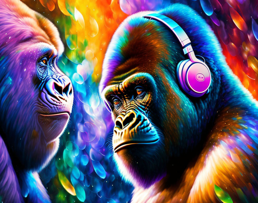 Colorful Gorillas Facing Each Other on Psychedelic Background