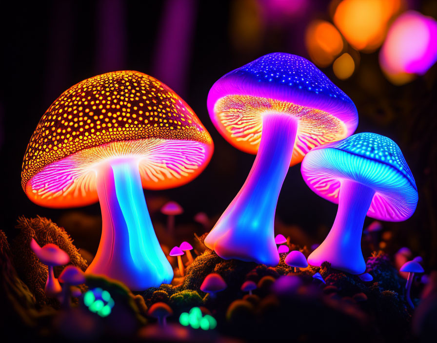 Vibrant Glowing Mushrooms in Orange, Blue, and Pink Against Dark Background