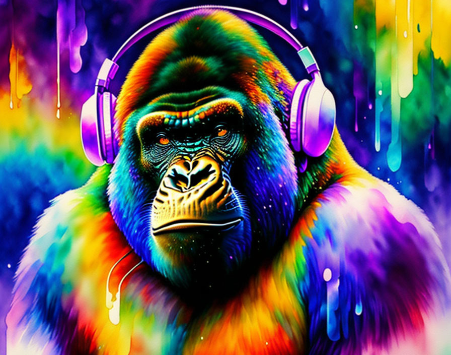 Vibrant gorilla artwork with rainbow background