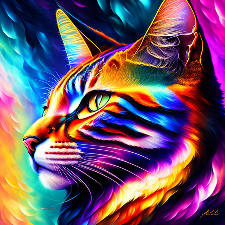 Colorful digital artwork: Cat with multicolored fur on abstract rainbow background