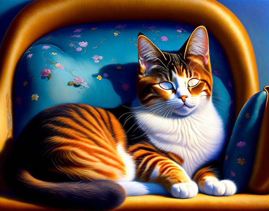 Orange and White Striped Cat Relaxing on Blue Floral Chair