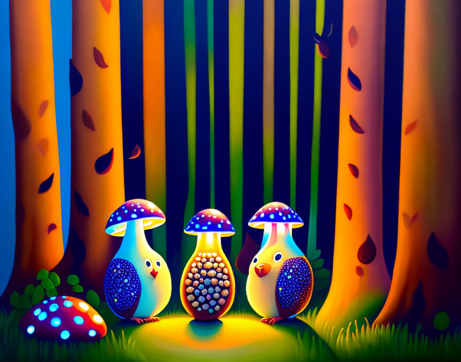 Colorful Forest Scene: Glowing Mushroom Characters at Night