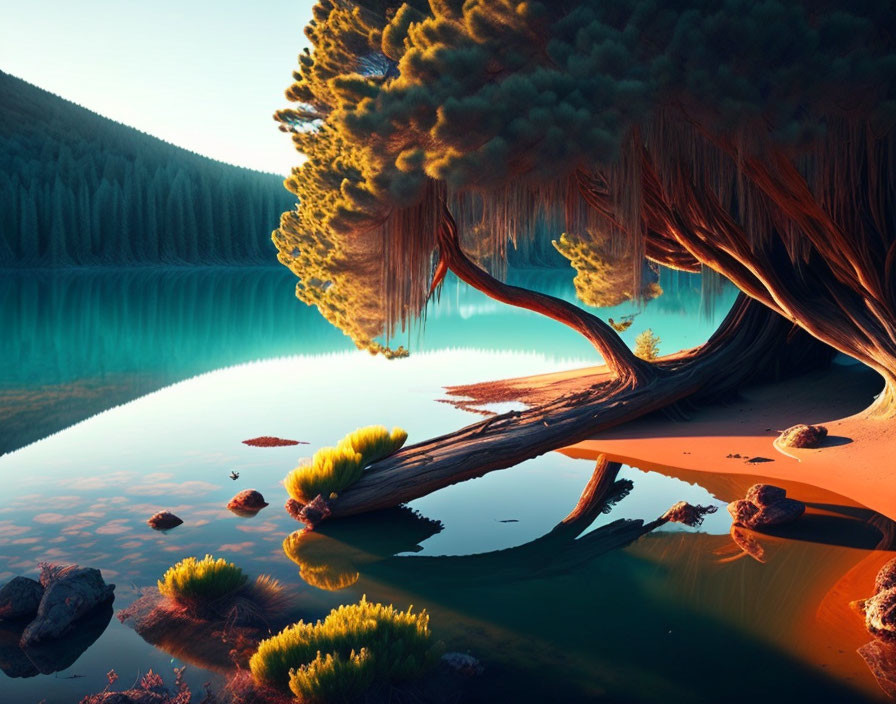 Tranquil lake scene with curving tree and pine forest