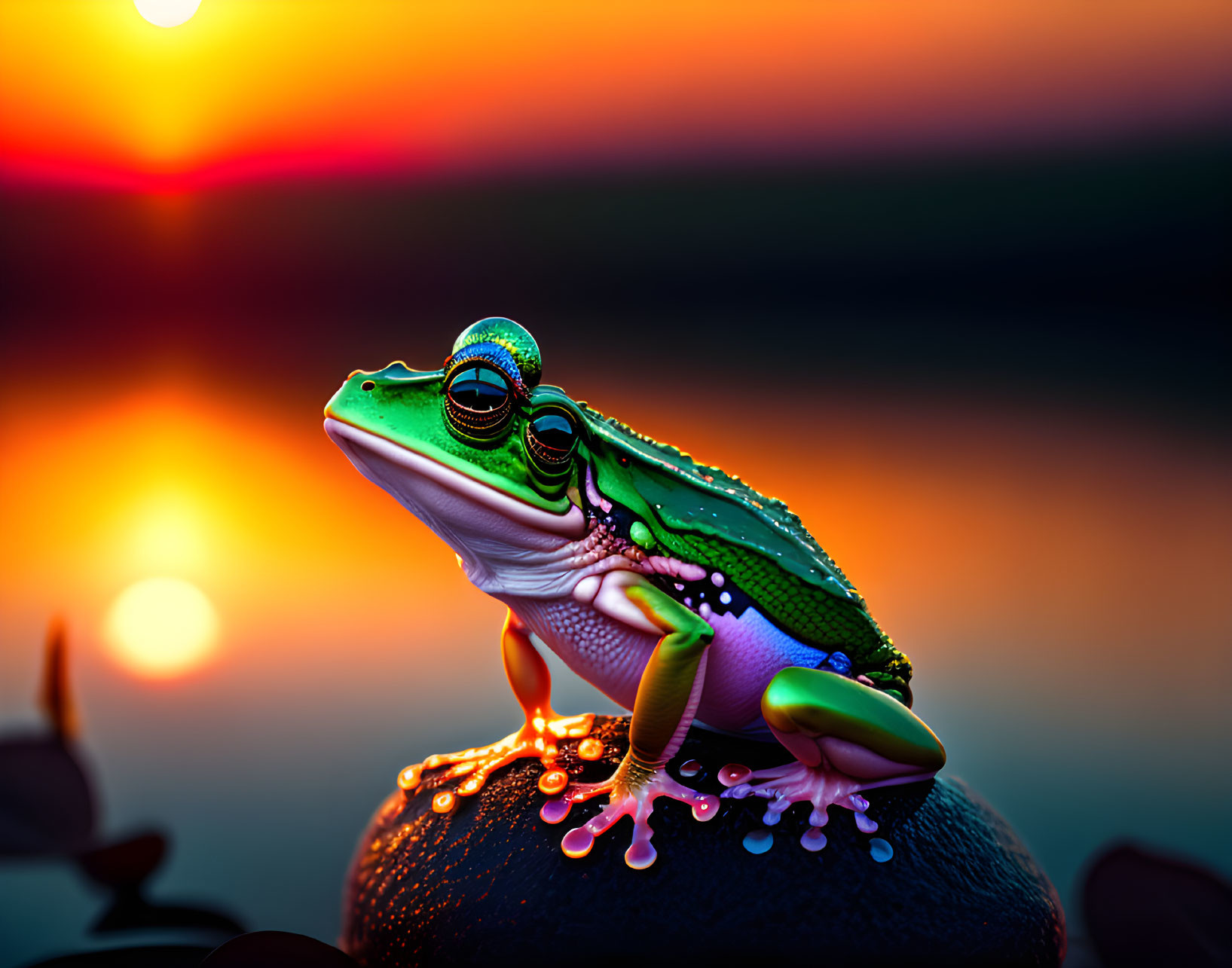 Colorful Frog on Rock at Sunset with Water Droplets