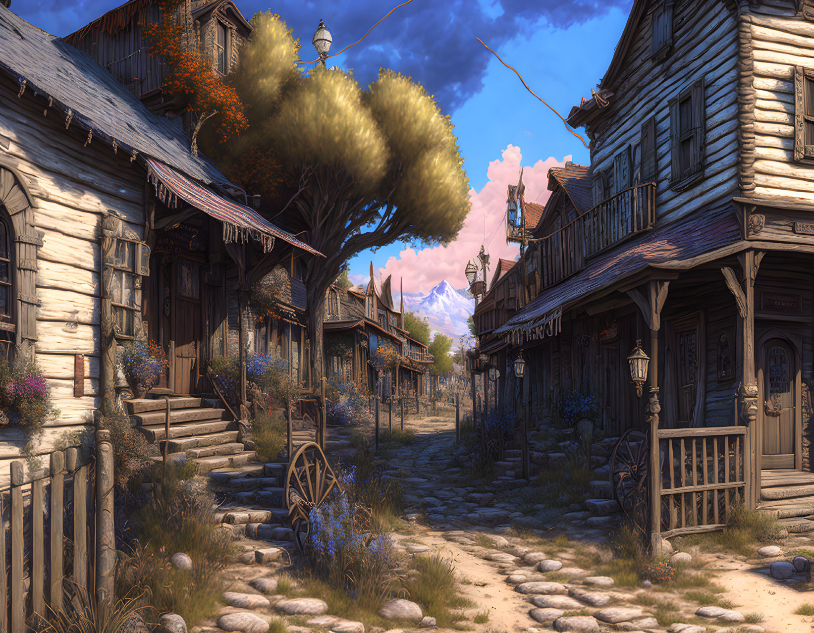 Charming cobblestone street with wooden houses and mountain backdrop