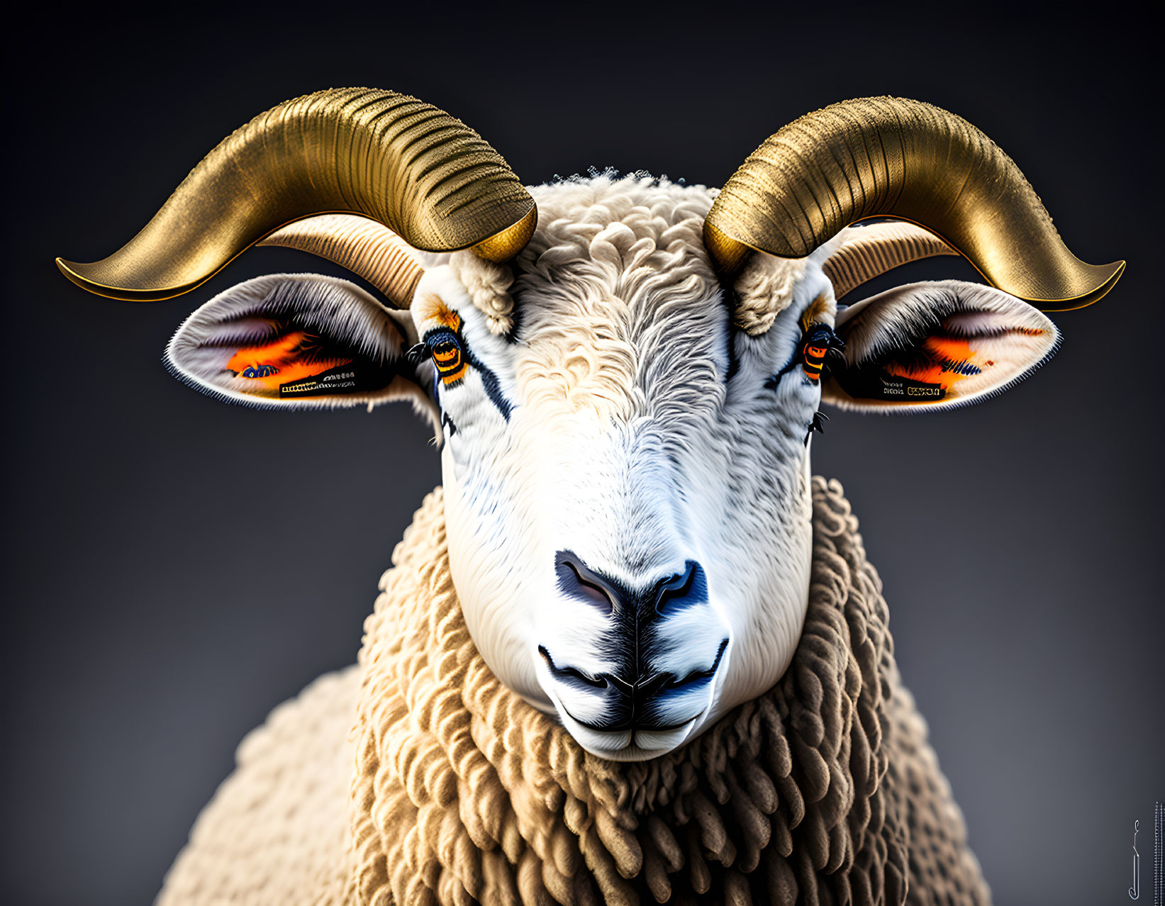 Detailed digital artwork: Sheep with golden horns and orange eyes on grey background