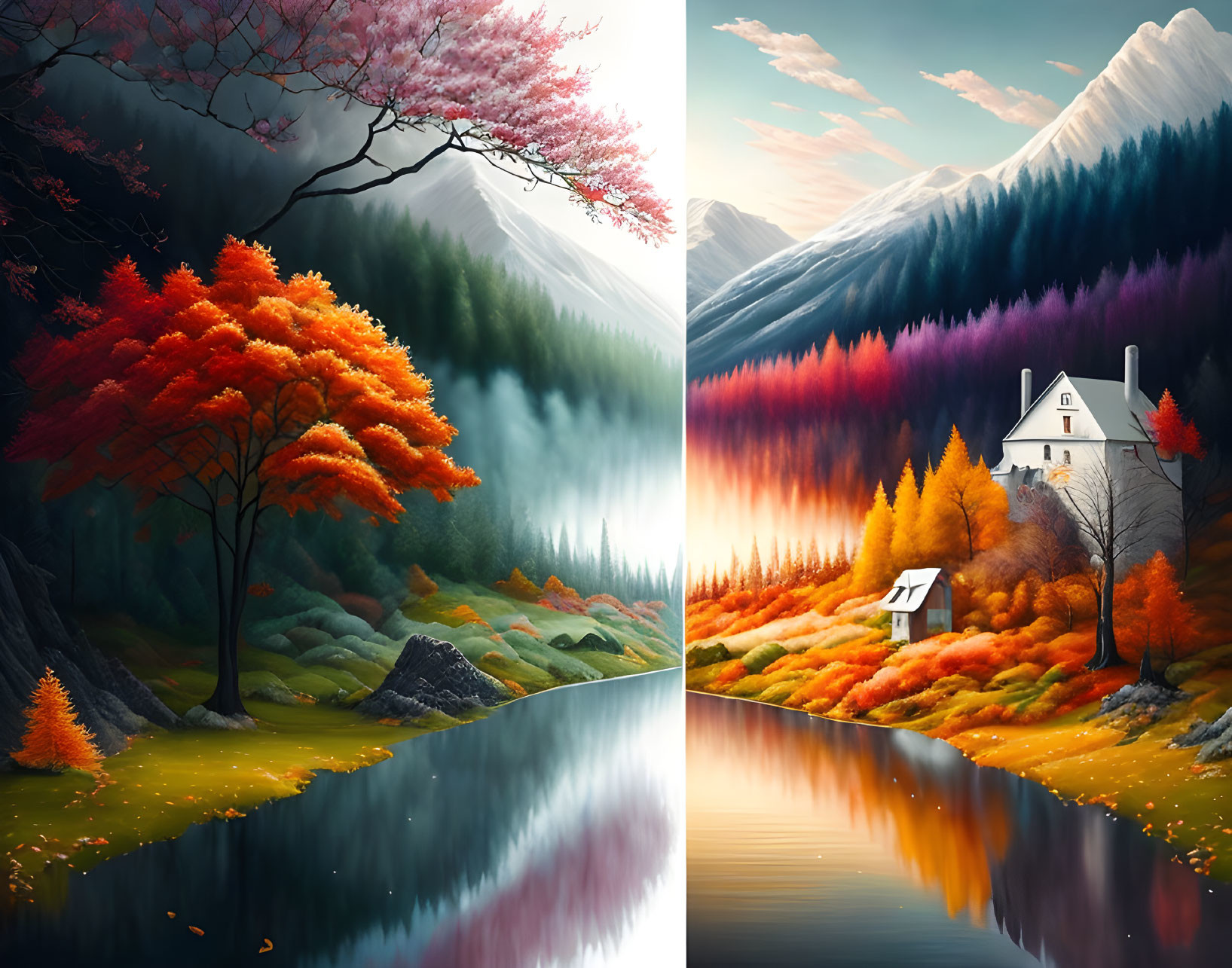 Digital artwork: Day & Night scenes with autumn trees, lake, house, & mountains.