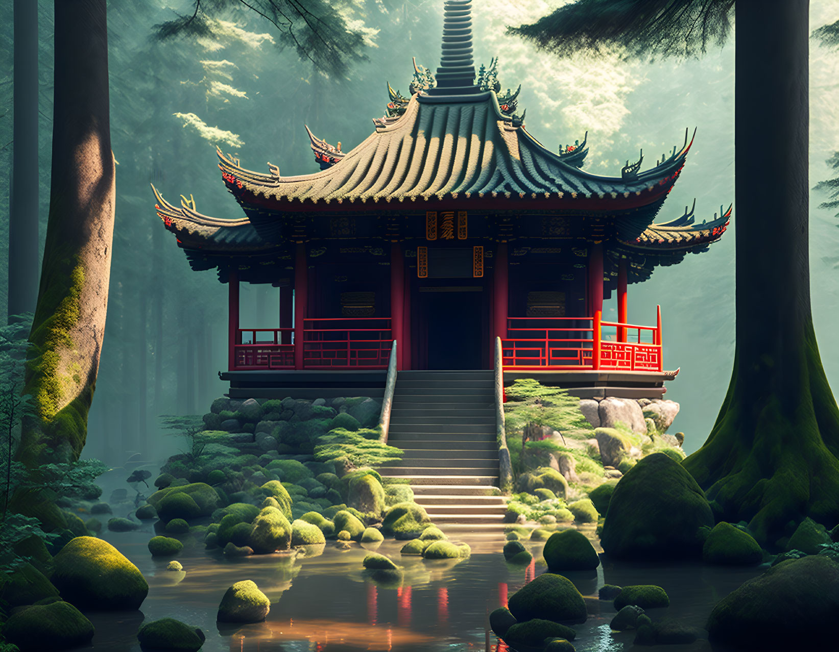 Traditional East Asian pagoda in serene forest setting