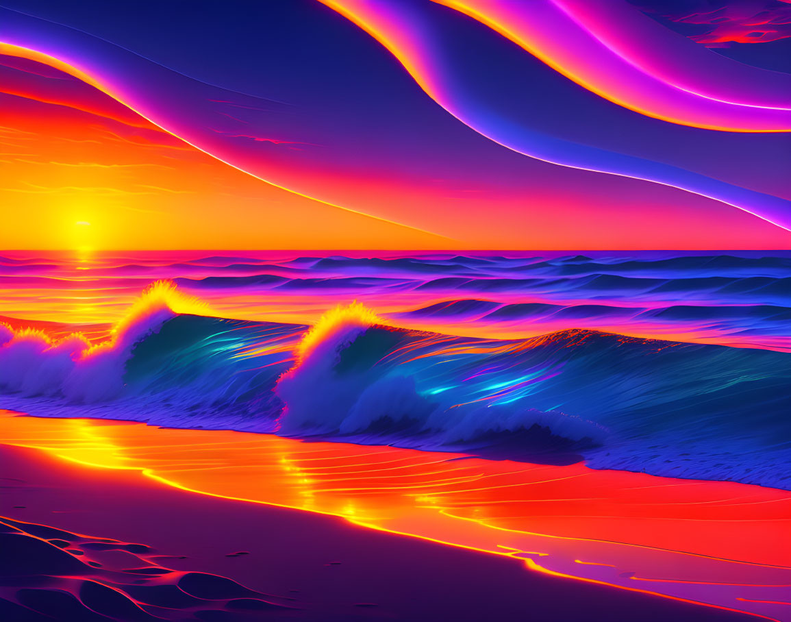 Colorful sunset digital artwork with neon ocean waves and glowing beach