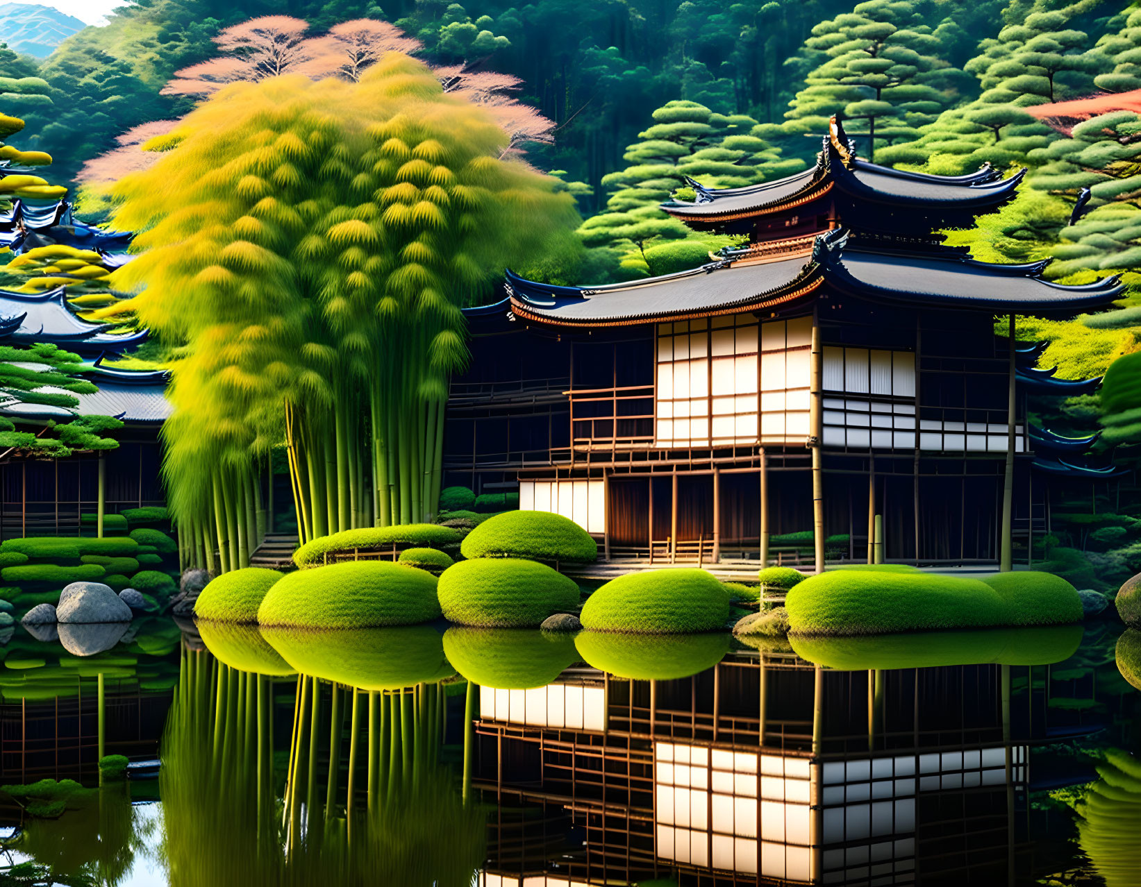 Japanese Pagoda-Style Roof in Green Gardens by Calm Pond