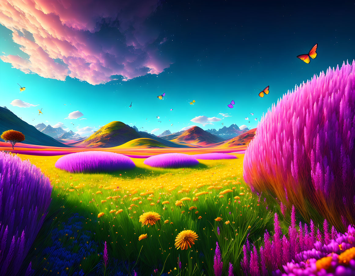 Colorful fantasy landscape with green hills, flora, butterflies, and sunset sky