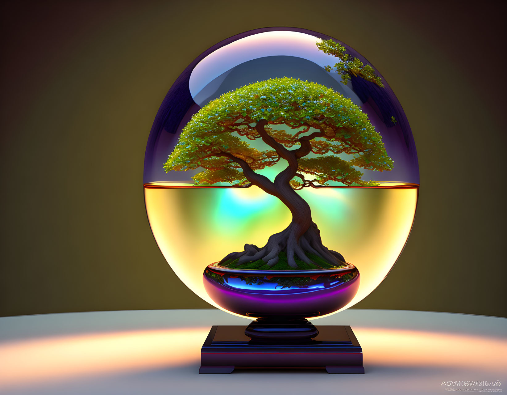 Vibrant bonsai tree in clear orb on sleek stand against warm gradient.