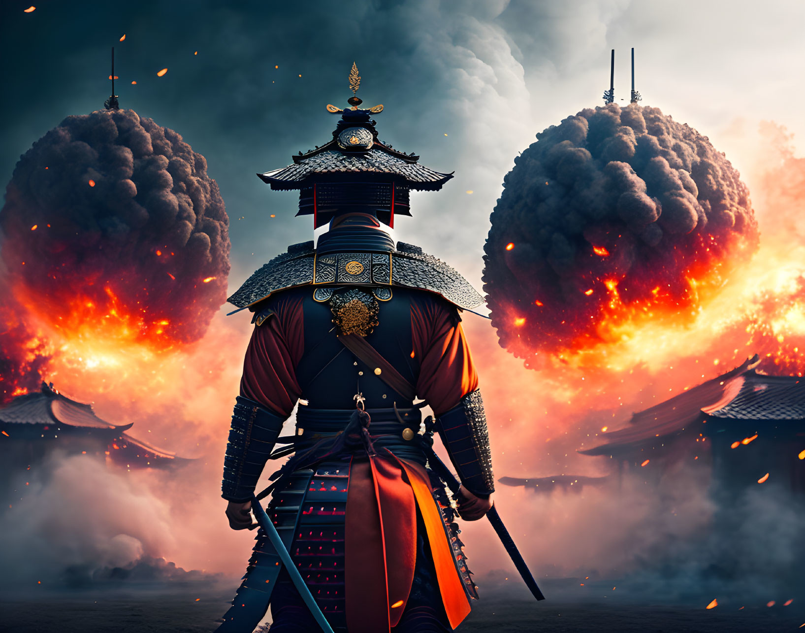 Traditional Samurai in Armor Amid Explosions and Smoky Skies