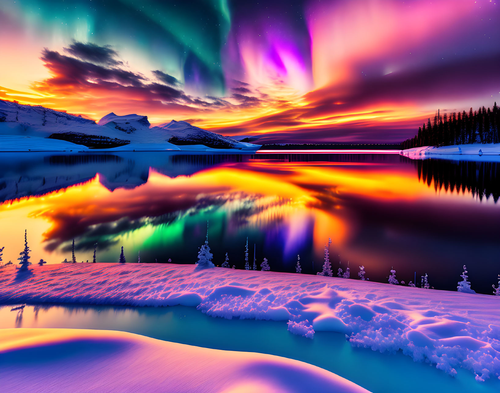 Colorful Aurora Borealis Over Snowy Landscape