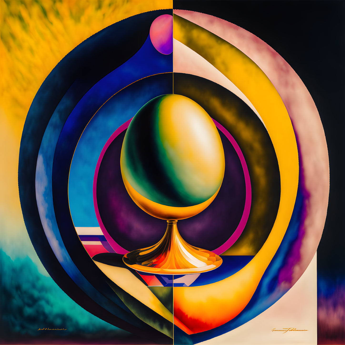 Vibrant surreal abstract painting with central egg shape and concentric rings