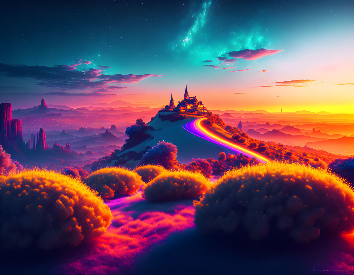 Colorful digital fantasy landscape with glowing path to castle, starry sky, comet