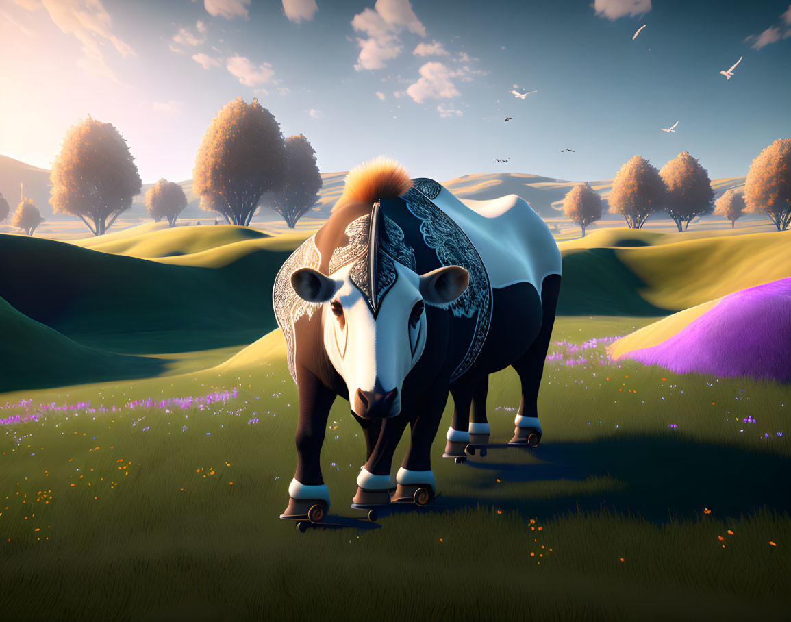 Colorful cow with bandana and roller skates in vibrant meadow illustration