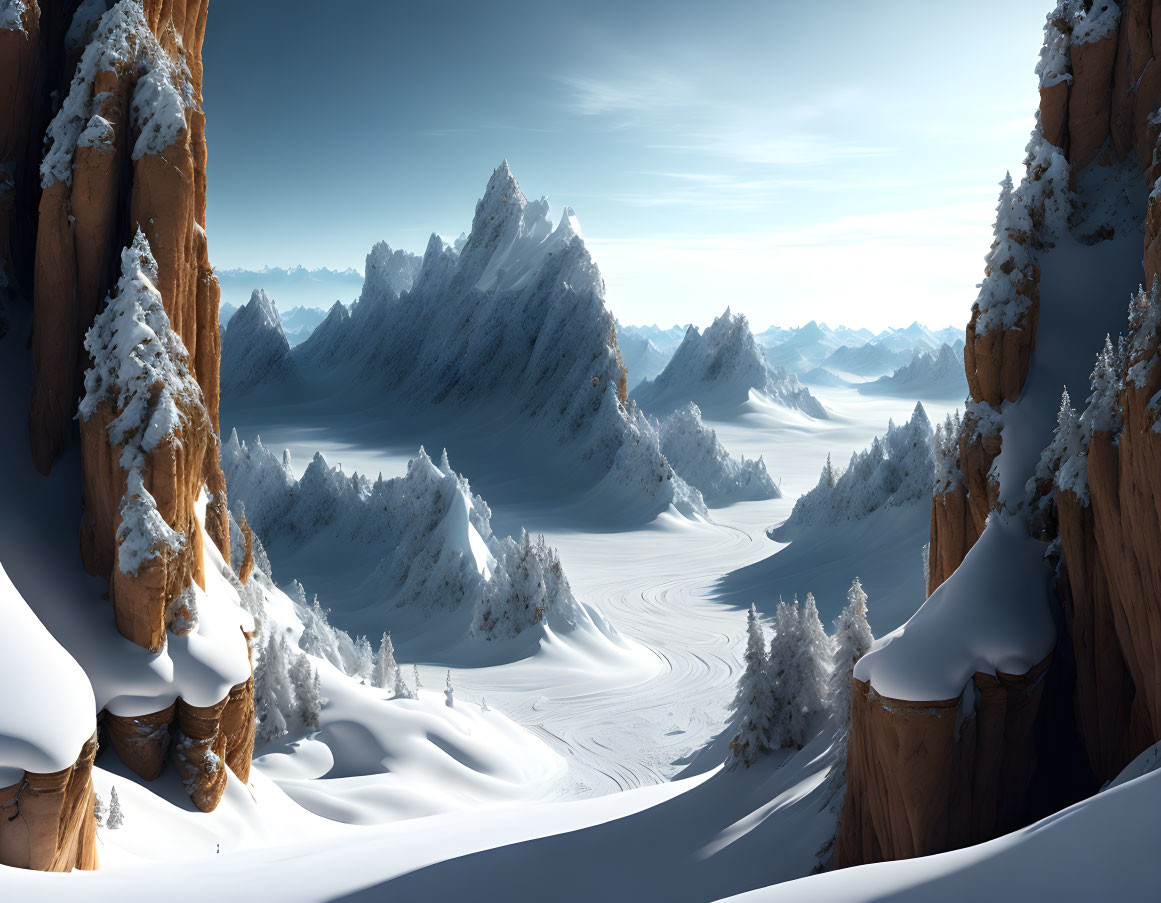 Snowy mountain landscape with towering peaks and forested hills