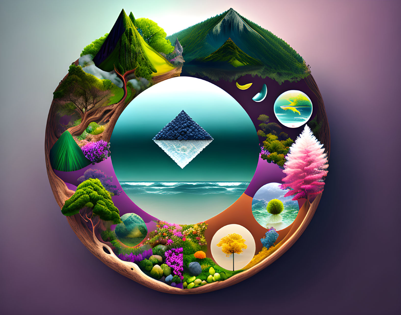 Vibrant circular landscape with mountains, trees, water, and geometric centerpiece