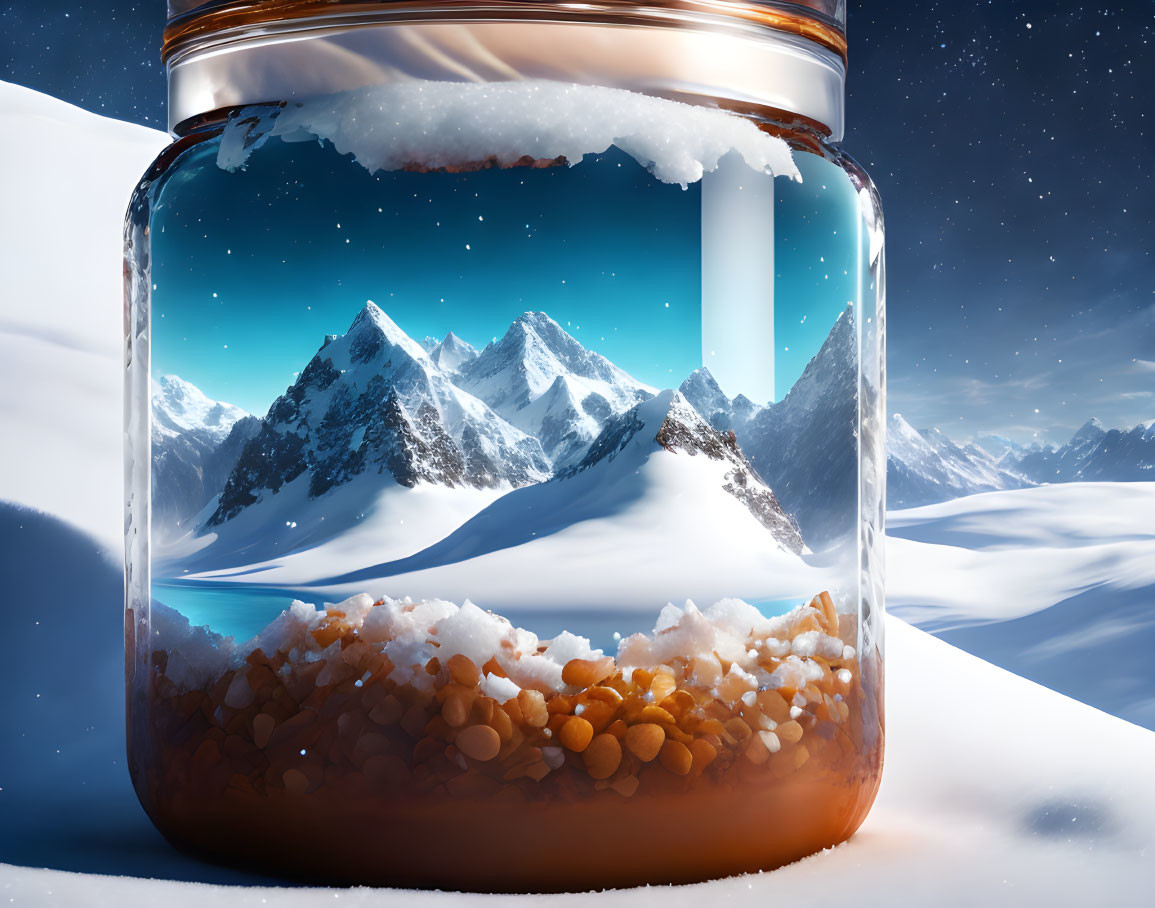 Surreal image of glass jar with snow, honey, mountains, blue sky