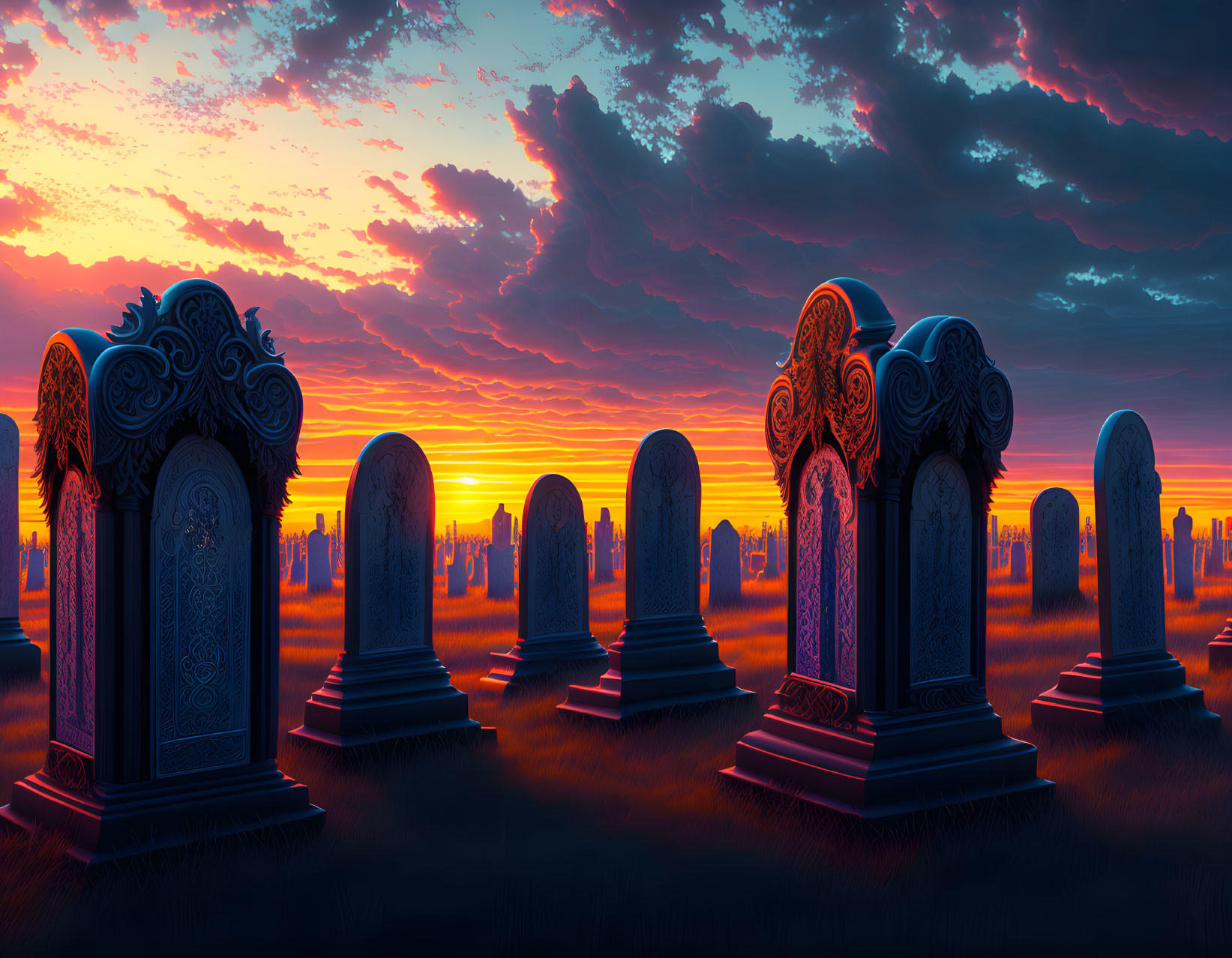 Ornate tombstones in serene sunset cemetery