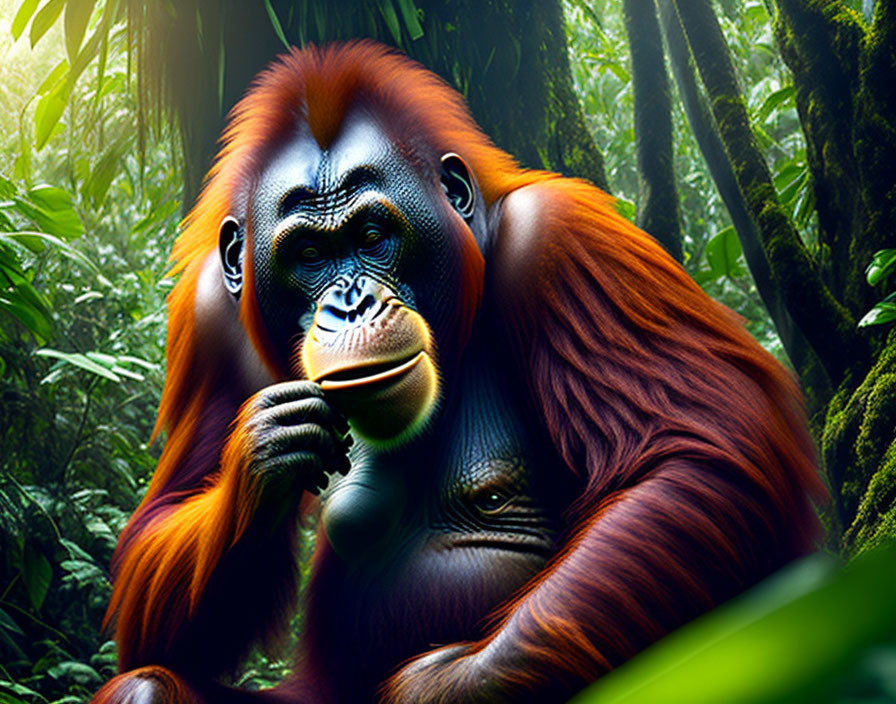 Vivid Orangutan Illustration in Lush Jungle Environment